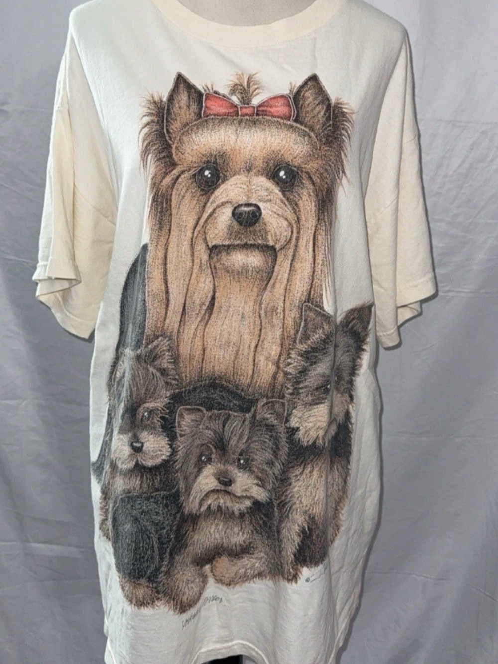 Unbranded Cream Short-Sleeve Tee with Yorkie Family Print